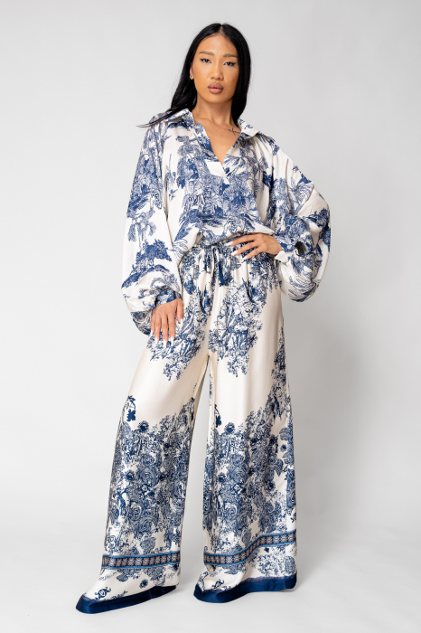 Set Shells Bluza si pantalon lung din mix matase Off White/Navy [4]