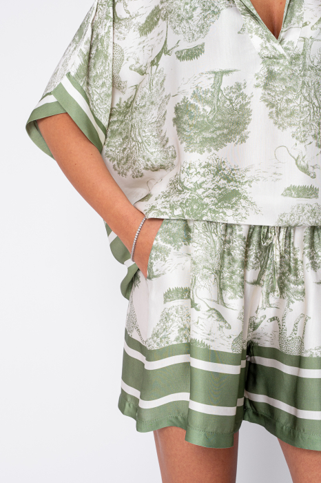 Set Shells bluza si pantalon scurt din mix matase Off White/Green [5]