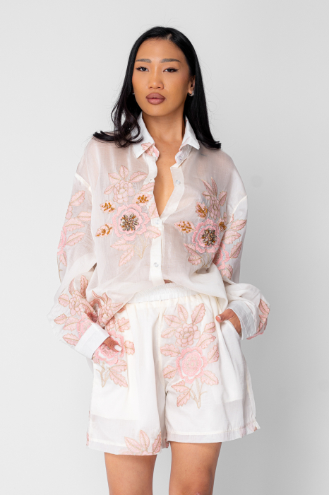 Set Camasa maneca lunga si pantalon scurt Off White/Rose [2]