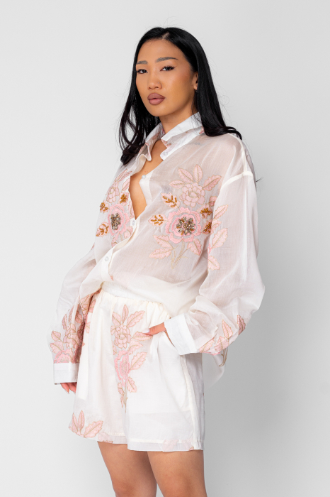 Set Camasa maneca lunga si pantalon scurt Off White/Rose [3]