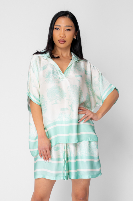 Set Shells bluza si pantalon scurt din mix matase Off White/Mint [2]