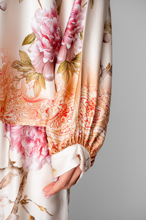 Set Shells bluza si pantalon lung din mix matase Off White/Rose [4]