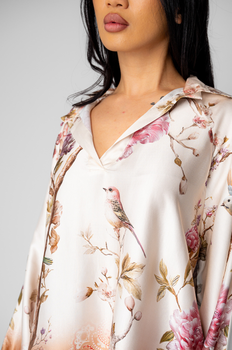 Set Shells bluza si pantalon lung din mix matase Off White/Rose [3]