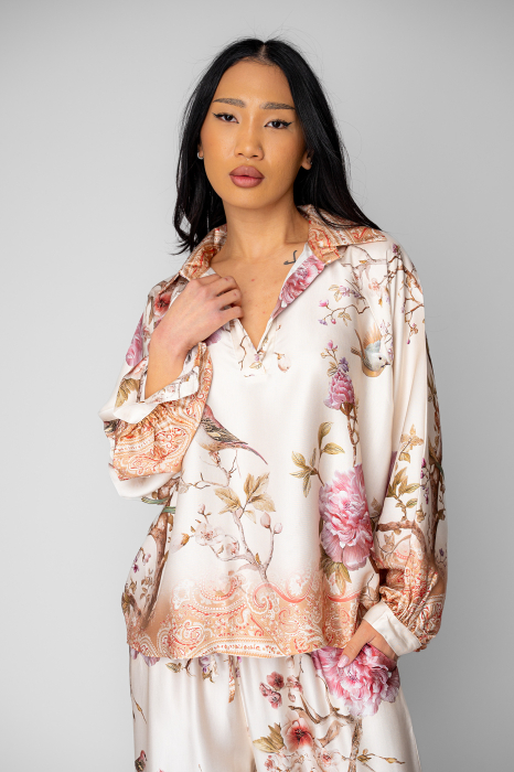 Set Shells bluza si pantalon lung din mix matase Off White/Rose [5]