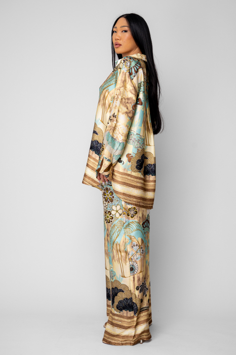 Set Shells Camasa si pantalon lung din mix matase Beige [2]
