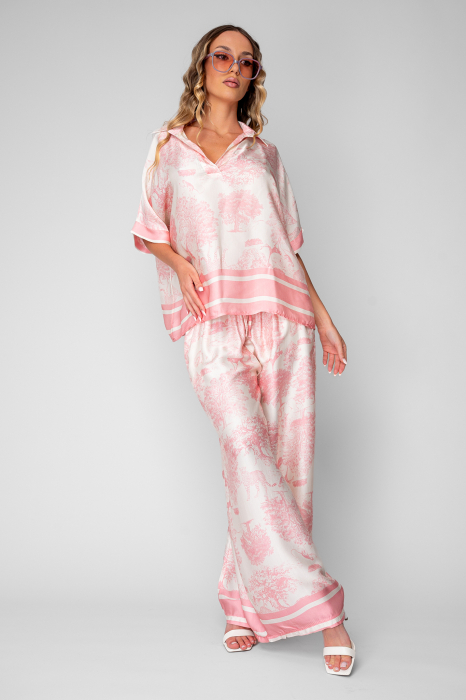 Set Shells Bluza si pantalon lung din mix matase Off White/Rose [2]
