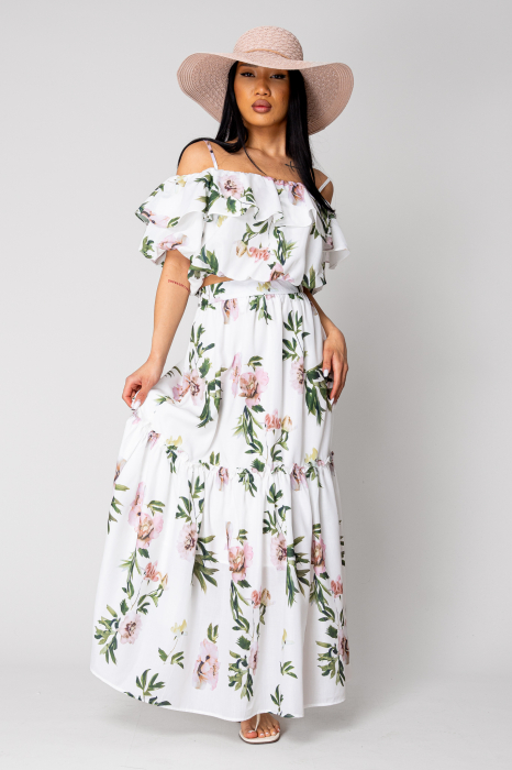 Off-shoulder Top and Long Skirt Set Off White/Green [2]