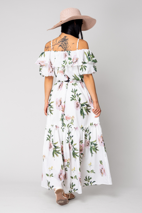 Off-shoulder Top and Long Skirt Set Off White/Green [5]