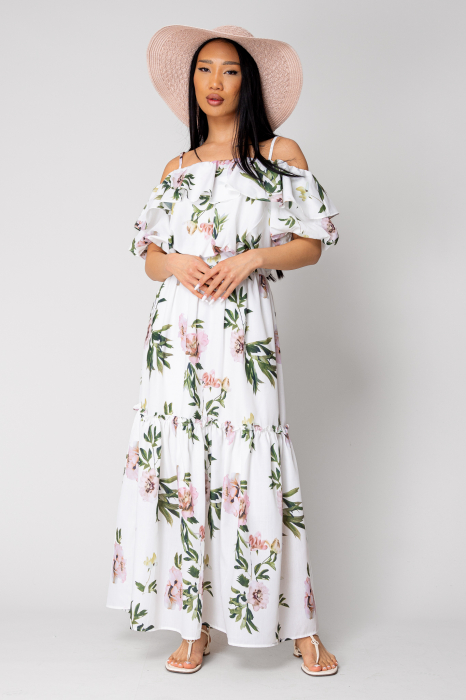 Off-shoulder Top and Long Skirt Set Off White/Green [6]