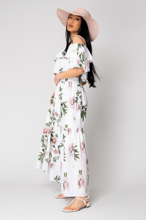 Off-shoulder Top and Long Skirt Set Off White/Green [4]