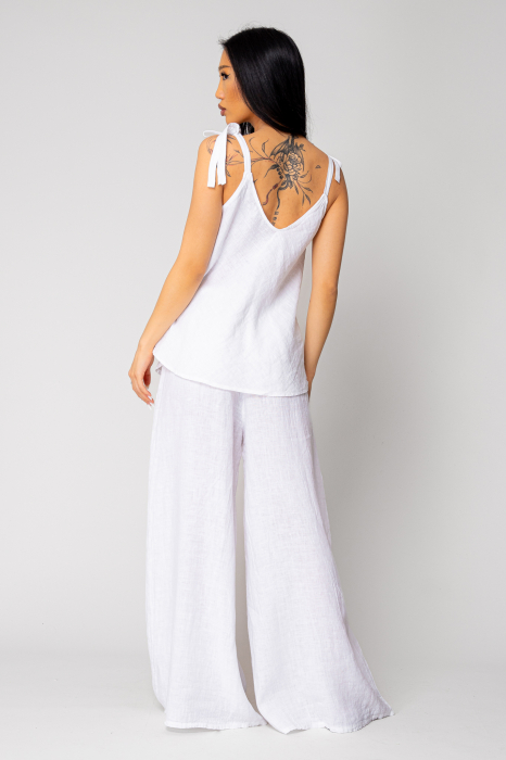Top and extra-wide Long Pants Set 100% linen White [4]