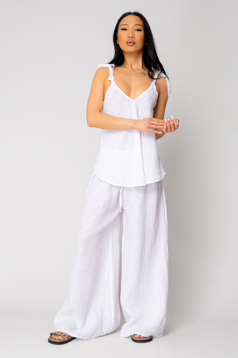Top and extra-wide Long Pants Set 100% linen White [2]