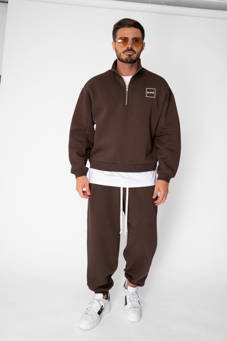 Set Urban Winter bluza cu fermoar scurt si pantalon Baggy Brown