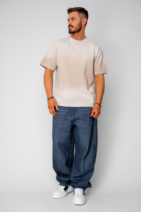 Tricou Oversized Ripped Prespalat Beige [5]