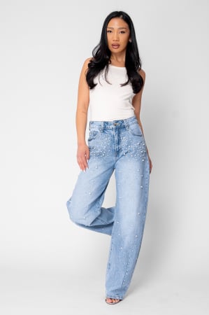 Blugi - Elastic jeans with beads and rhinestones Light Blue