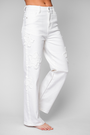 Femei - Blugi elastici cu broderie florala White