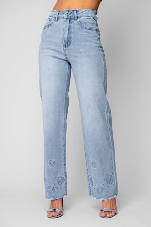 Femei - Blugi lungi elastici cu broderie florala Light Blue