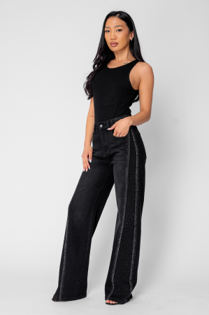 Wide elastic jeans with rhinestones Black [1]