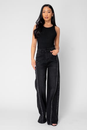 WOMEN - Wide elastic jeans with rhinestones Black