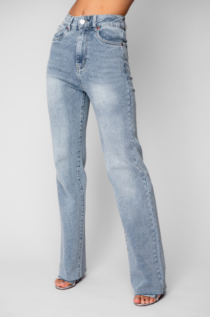 Femei - Blugi elastici largi cu strasuri Light Blue