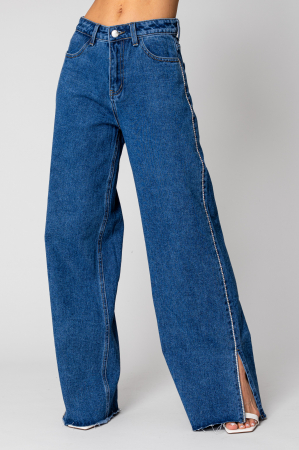 PROMOTII - Blugi largi cu strasuri din denim Blue