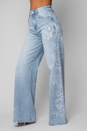 Blugi largi cu model floral si pietricele Light Blue [1]