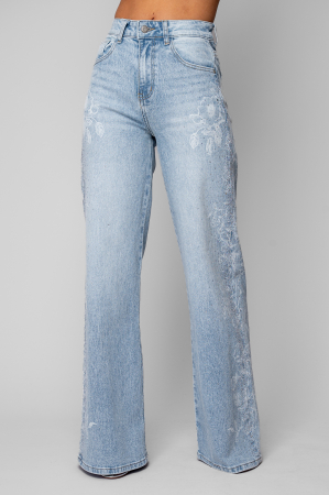 Femei - Blugi largi cu model floral si pietricele Light Blue