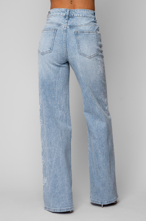 Blugi largi cu model floral si pietricele Light Blue [2]