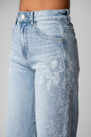 Blugi largi cu model floral si pietricele Light Blue [3]