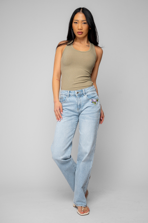 Blugi lungi elastici cu broderie florala Light Blue [6]