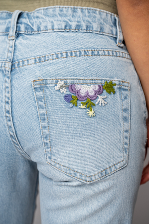 Blugi lungi elastici cu broderie florala Light Blue [5]