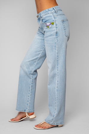 Blugi lungi elastici cu broderie florala Light Blue [2]