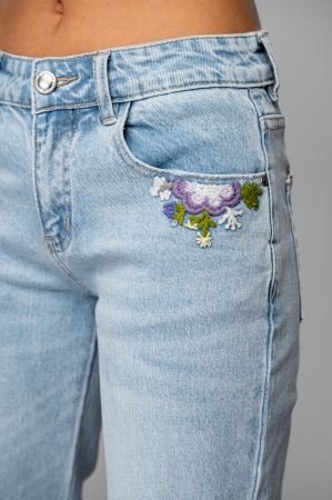 Blugi lungi elastici cu broderie florala Light Blue [4]