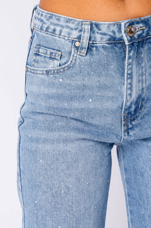 Elastic jeans with floral embroidery and rhinestones Blue [3]