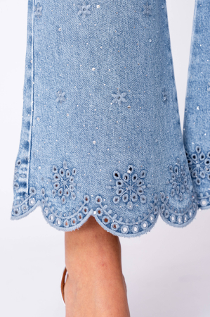 Elastic jeans with floral embroidery and rhinestones Blue [4]