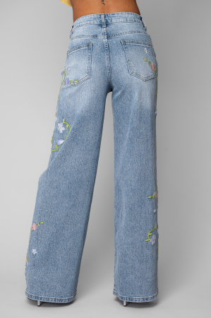 Blugi lungi elastici cu strasuri si broderie florala colorata Light Blue [2]