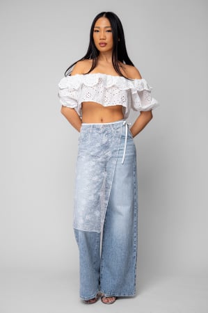 Femei - Blugi lungi elastici cu aplicatie din dantela Light Blue