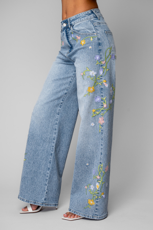 Blugi lungi elastici cu strasuri si broderie florala colorata Light Blue [1]