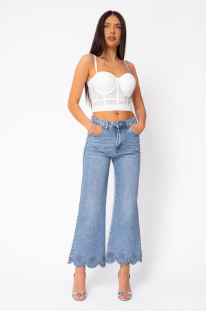 WOMEN - Elastic jeans with floral embroidery and rhinestones Blue