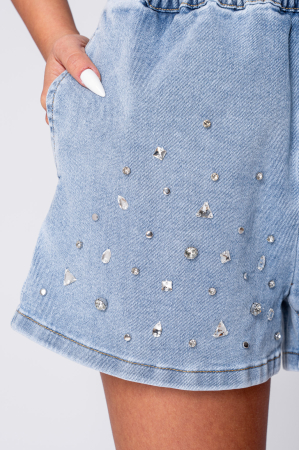 Blue elastic waist cropped jeans with rhinestones [4]