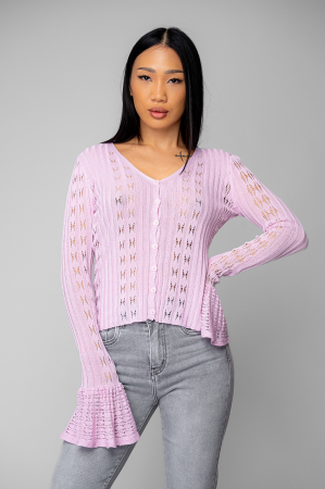 T-shirts and Tops - Knitted blouse with flared sleeves and lace Cream - Copie