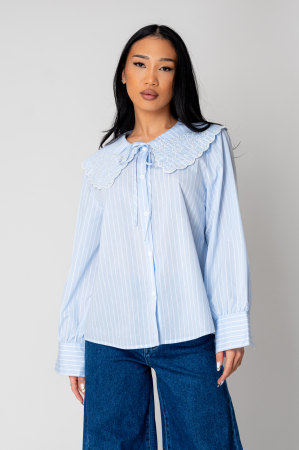 Sale Women - Shirt with long sleeves and embroidered collar Blue/White