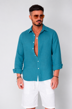 BARBATI - Camasa din 100% In de plaja Turquoise Petrol