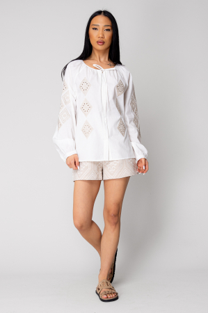 Women's embroidered long-sleeved shirt Off White/Beige [4]