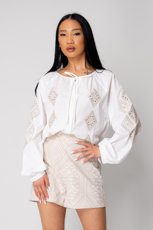 Promotii Femei - Camasa femei brodata cu maneca lunga Off White/Beige