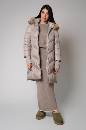 SALE - Long jacket with zipper and real fur lining Warm Taupe