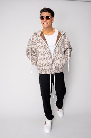 BARBATI - Jacheta cu fermoar si gluga Oversized Beige/Brown