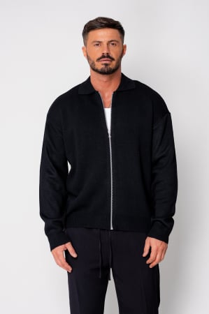 Hanorace si Bluze - Jacheta tricotata din mix de lana cu fermoar Black