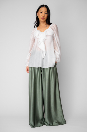 Pantalon lung din mix de matase Light Olive [4]