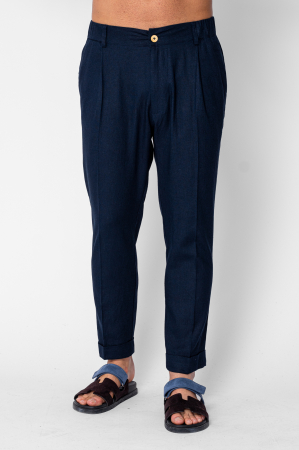 Pantaloni - Pantaloni lungi cu nasture si tiv intors Navy